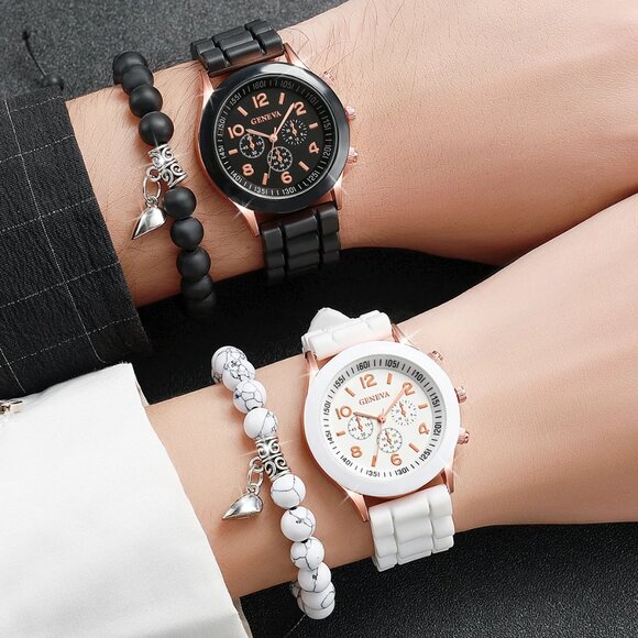 Geneva Couple Watches Silicone Band Quartz Magnetic Heart Beads Bracelets Set main image 6